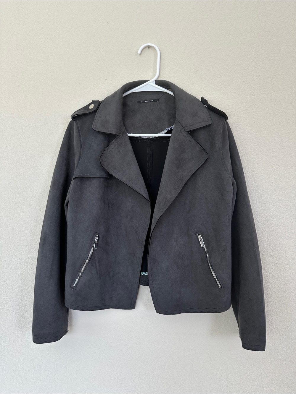 T Tahari Slate Gray Faux Suede Moto Jacket - Women